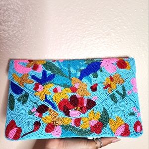 Blue Floral Beaded Clutch,